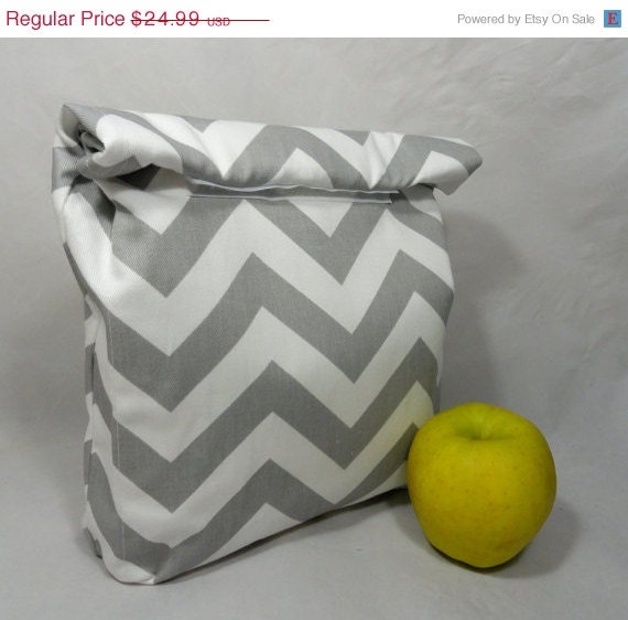 ON SALE Lunch Bag . Reusable Lunch Sack . Grey Chevron Lunch Bag - spitsngigglesbaby