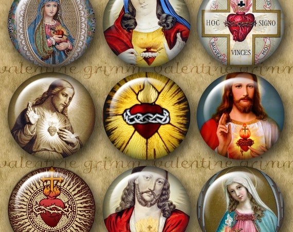 Digital 1" Circles Sacred Heart Images Instant Download: Jesus Mary Burning Hearts