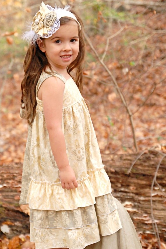 Girls Knot Dress in Platinum Collection Gold Silver Ivory Cream Damask
