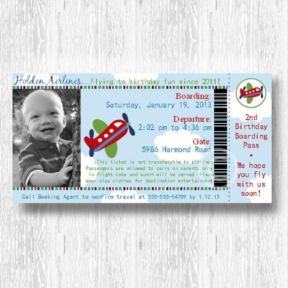 Airplane Ticket Invitation for Birthday Party or Baby Shower- Boys Plane DIY Printable Photo Invite by BeeAndDaisy Il_570xn