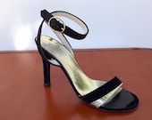 Sexy Spike Heel Shoes, Ankle Strap Sandals, Black and Gold, Designer Charles Jourdan, Size 6.5 AA Narrow - ForsythiaHill