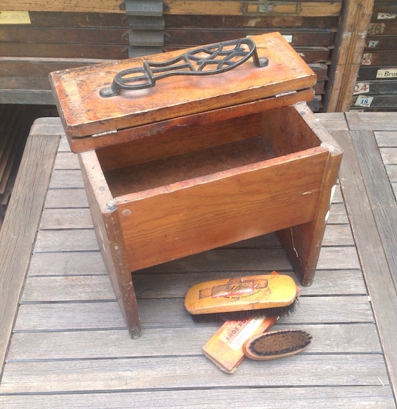 Vintage Wood Shoe Shine Box w/ Cast Iron Foot Rest