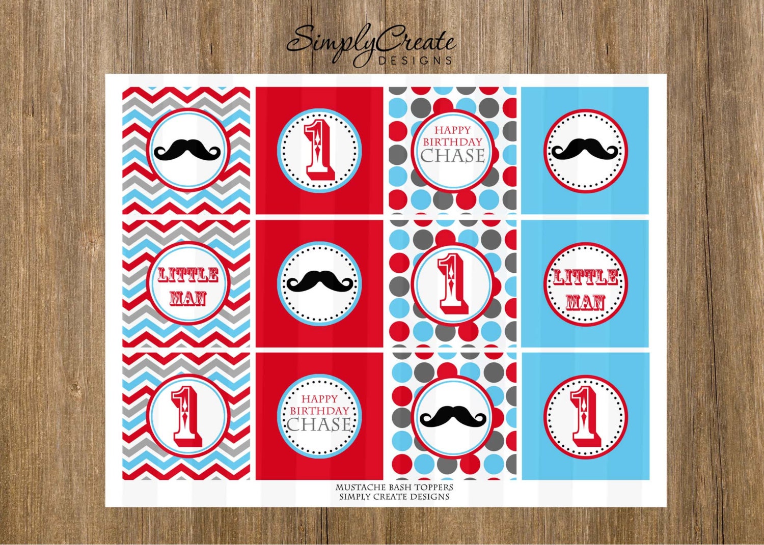 Mustache Cupcake Toppers Little Man DIGITAL File 8.5x11 JPEG File Personalized Il_570xn