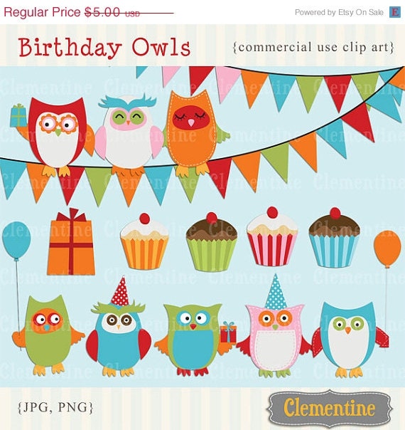 40% OFF SALE Printable owl clip art, birthday clip art, royalty free, commercial use clip art- Instant Download Il_570xn