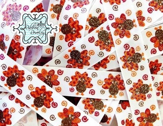 Happy Harvest traditional Glitter turkeys on 7/8" grosgrain ribbon Il_570xn
