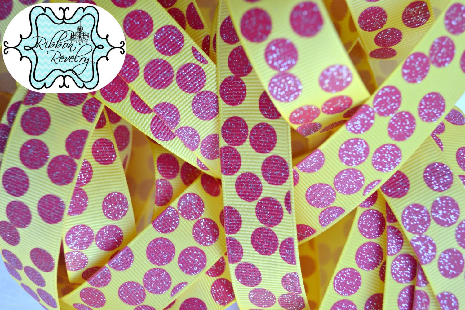 Red glitter silly dots printed on yellow 7/8" grosgrain ribbon-High Quality Valentines christmas Il_570xn