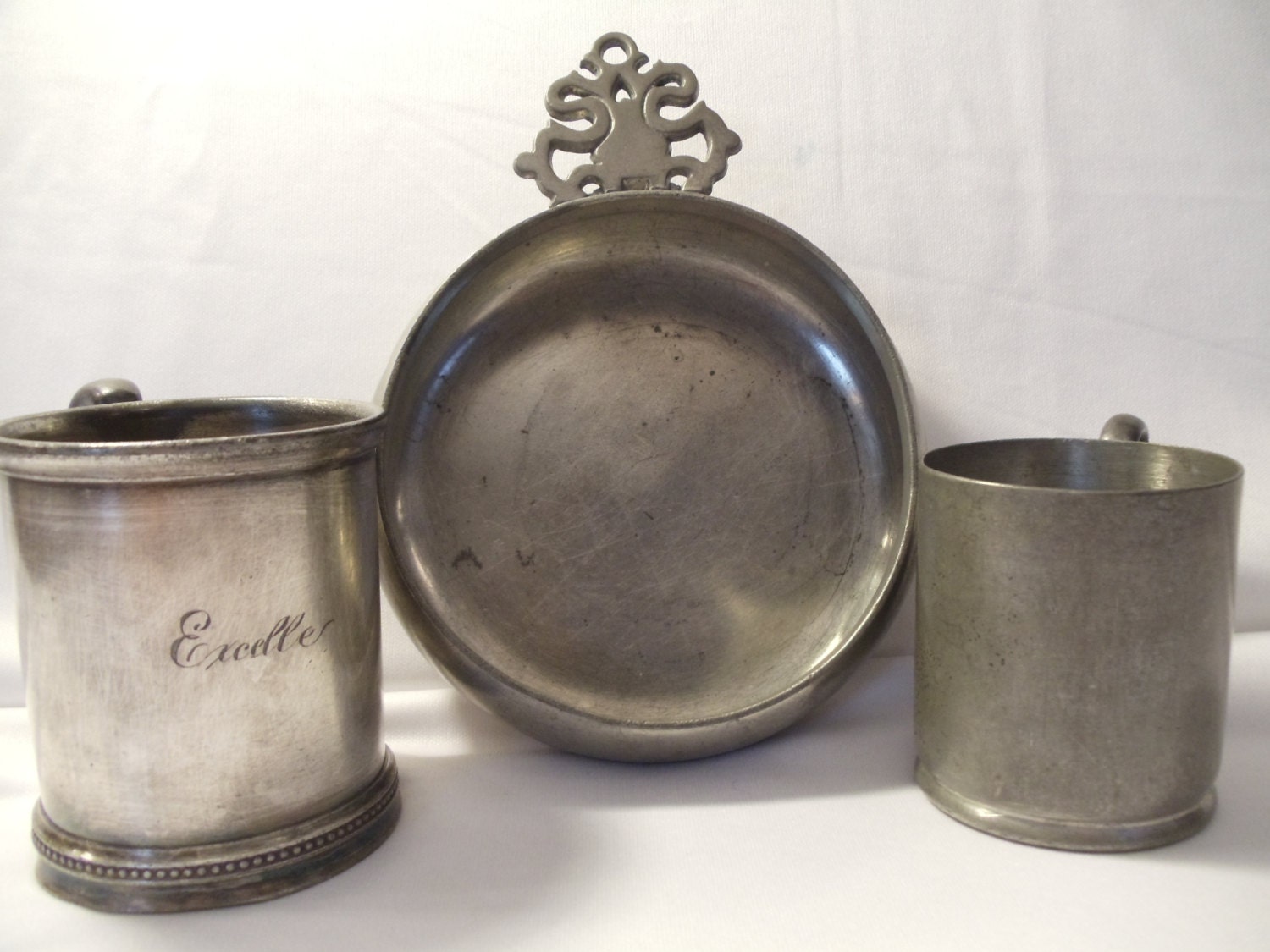 Vintage Collection of Pewter Colonial Bowl and Century old  Cups - BuslinHeirlooms