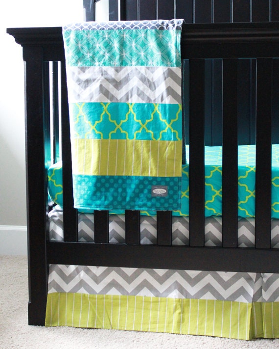 Items similar to Custom baby bedding Lime Green, Turquose, and Grey