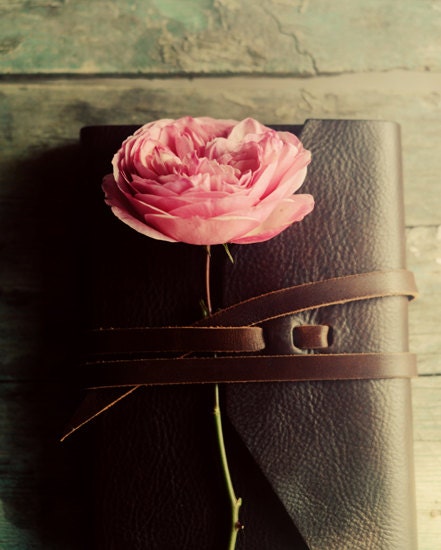 Flower and journal photograph- rose, golden, pink, romantic, fall, love, still life, brown, rustic, leather journal, floral, fine art photo - dullbluelight