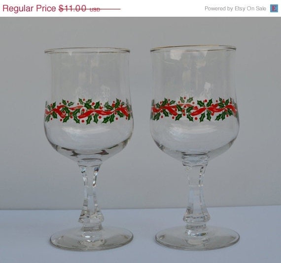 ON SALE Vintage Christmas Wine Glasses with Holly by JudysJunktion