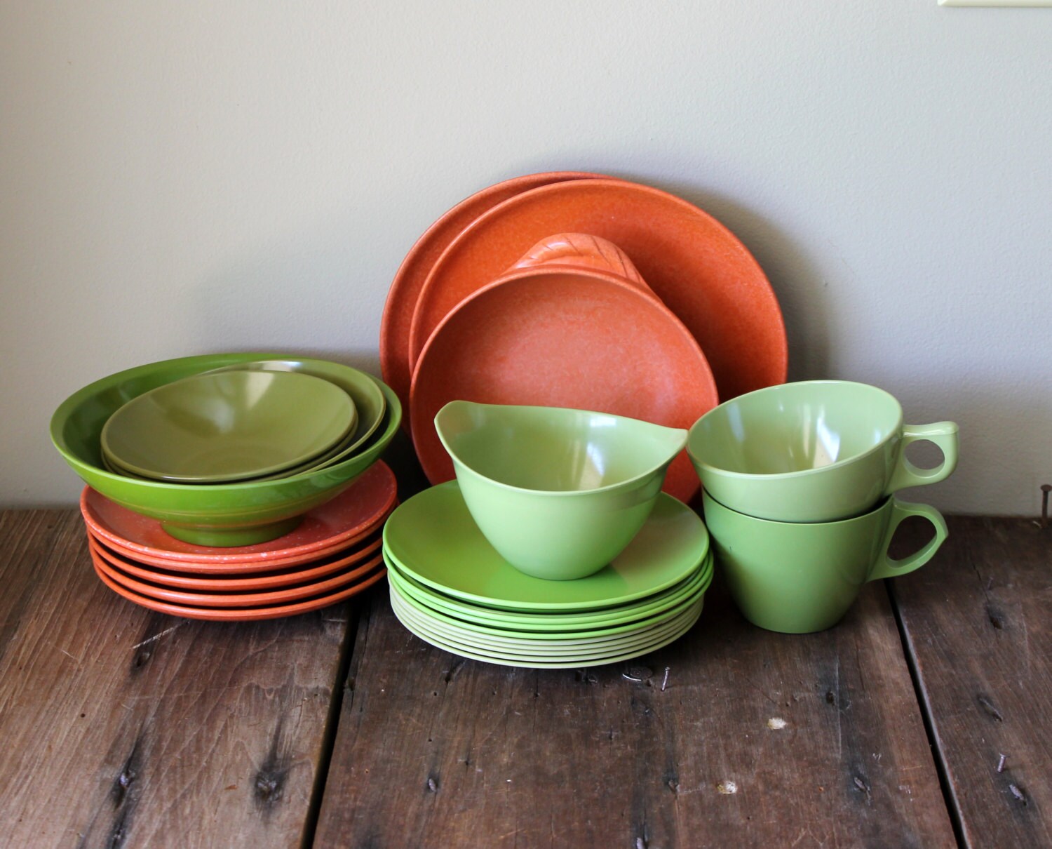 Orange Green Melmac Dishes Vintage Set by TheSquirrelCottage