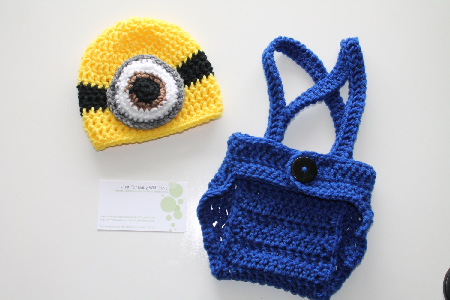 Crochet Newborn Baby Boy Girl Photo Prop Set Despicable Me Minion Hat Diaper Cover Overall Suspenders Made to Order