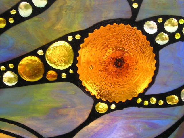 Stained Glass - Stained Glass Panel - Amber - Amber Rondel - Gold Gems - Abstract - OOAK - Handcrafted - Made in USA - CreativeSpiritGlass