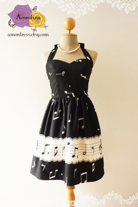Music Lover Black  Dress Retro Party Cocktail Bridesmaid Choir Birthday Concert Event Every Day Dress A Line Dress -Size XS,S,M,L,CUSTOM-