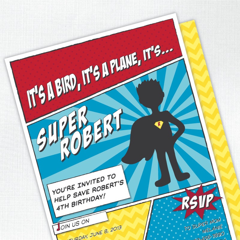 Super Hero Boy Birthday Party Invitation - red, yellow, blue - PRINTED - Printable file also available Il_570xn