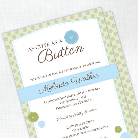 Cute As A Button Baby Shower Invitation - Blue and Green - PRINTED - Printable file also available Il_570xn