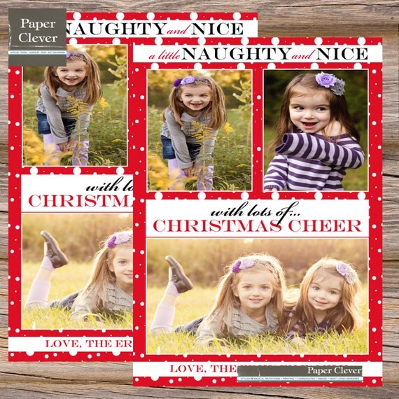Naughty & nice Christmas card with photos, typography - digital file, printable Il_570xn