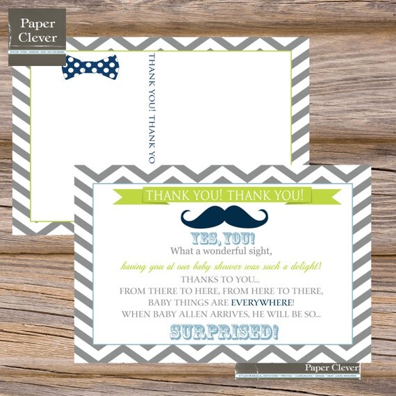 baby shower postcard thank you, bowtie, mustache - digital, printable Il_570xn