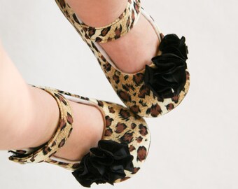 Leopard baby shoes, cheetah mary jane with black ruffles, animal print ...