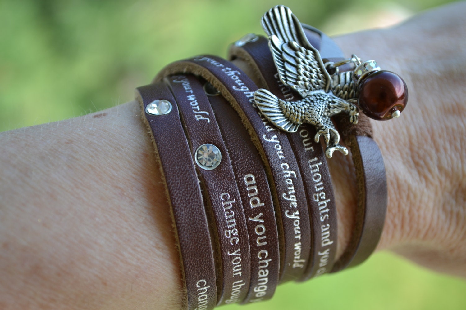 Humanity Freedom "Change Your Thoughts" Leather Eagle Charm Bracelet
