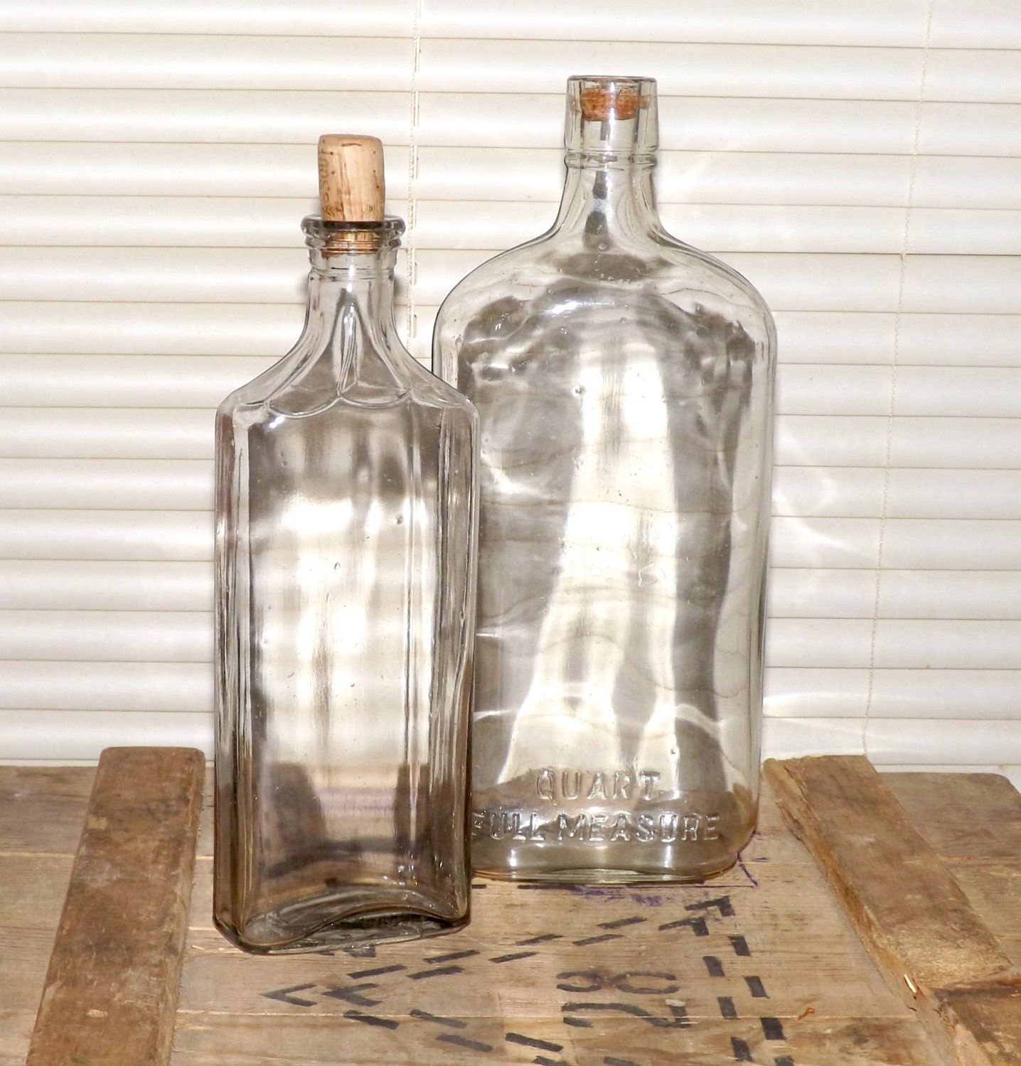 Vintage Large Clear Bottles Cork Quart by