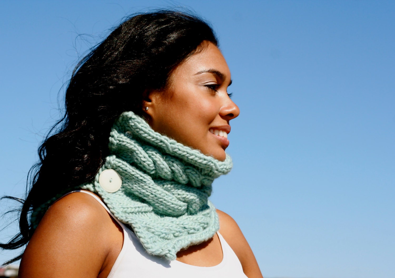 Made to Order: Robin's Egg Blue Hand Knitted Women's Cabled Neck Warmer Cowl Infinity Scarf in Wool Blend Roving with Buttons