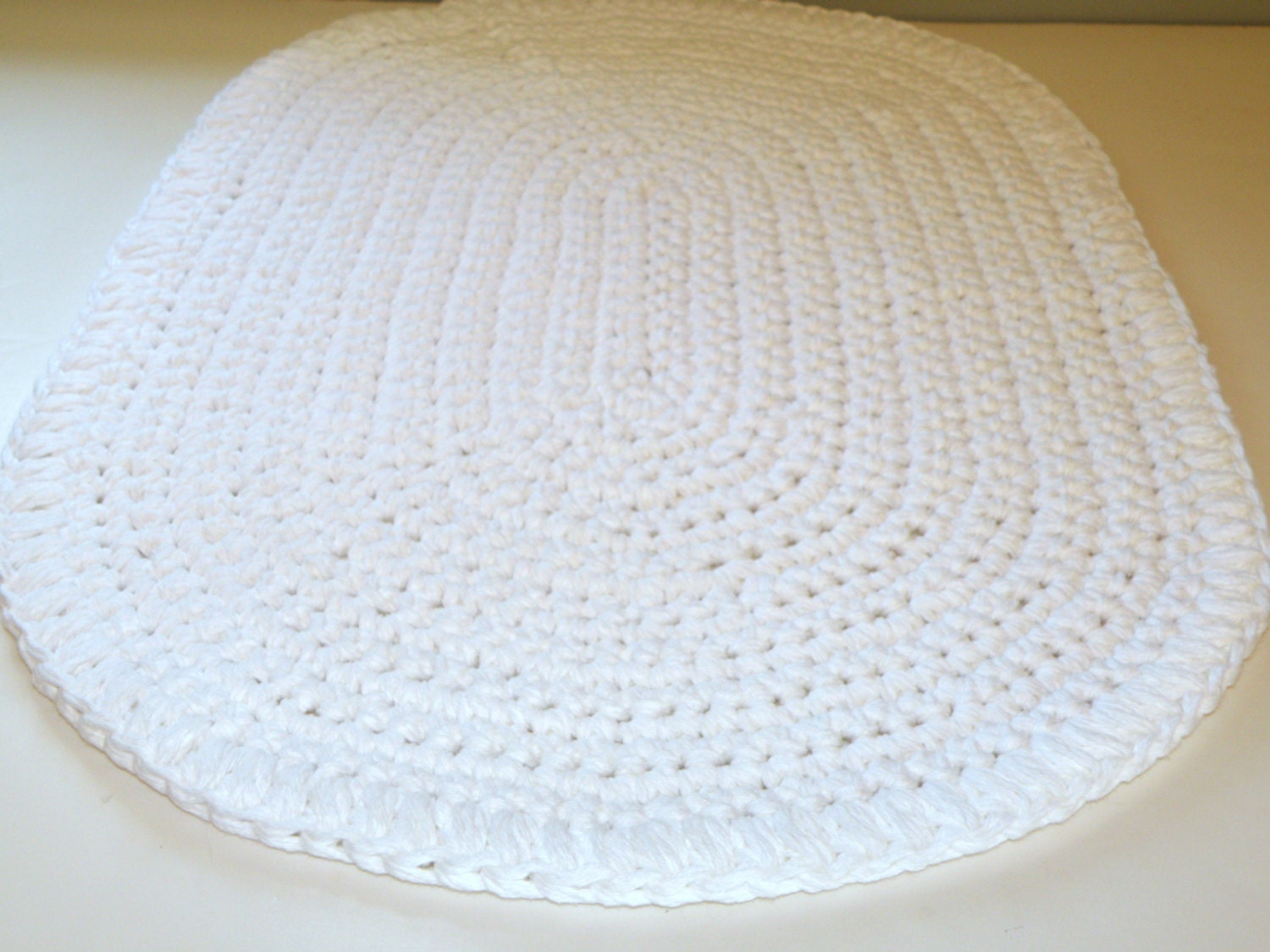 Thick White Bath Rug, White Cotton Bath Mat, Heavy Duty Crochet Cotton Oval Floor Rug, House Warming Gift Spa Collection - CottageCoveCrochet