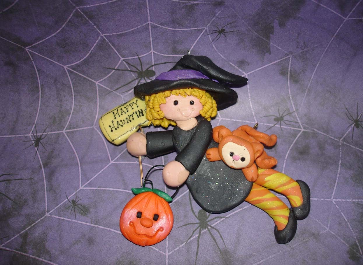 Polymer Clay Milestone Ornament Happy Haunting Girl Witch Cat Jack O Lantern Pumpkin Ghost  Spider Web Cake Topper - alongcameaspider1