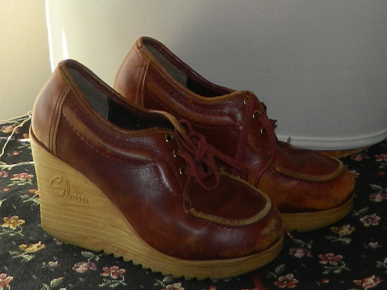Vintage 1970's Hippie Boho brown leather platform wedges shoes ...