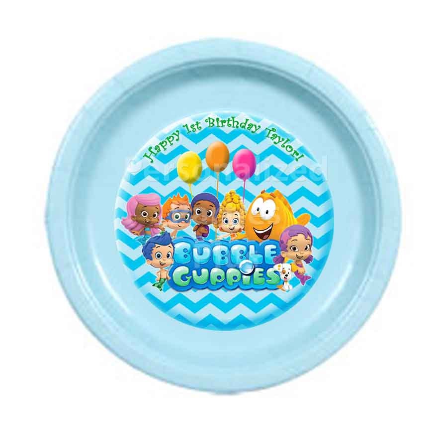 Bubble Guppies personalized birthday plates in pink or blue chevron print Il_570xn