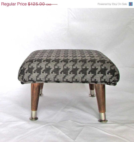 SALE Small Footstool - Black and Grey Houndstooth, Gray Knit - Walnut and Nickel Plate - Upcycled Fabric Ends - RekindleHome