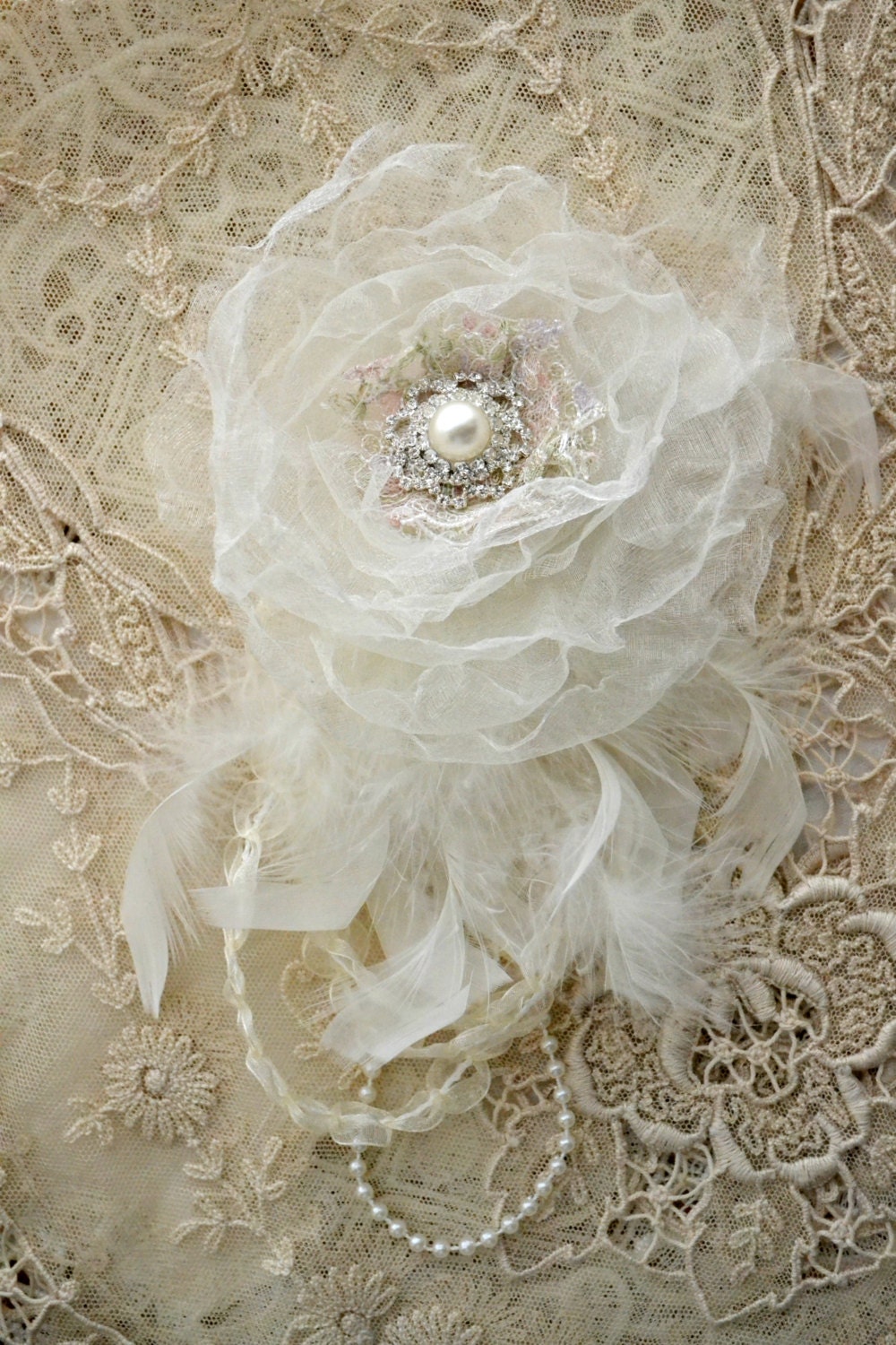 Embellished White Silk Flower Pin