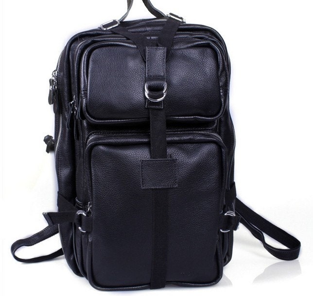 Super Large Genuine Leather Backpack / Travelling Bag / Camping Bag / Messenger Bag / Crossbody in Classic Black