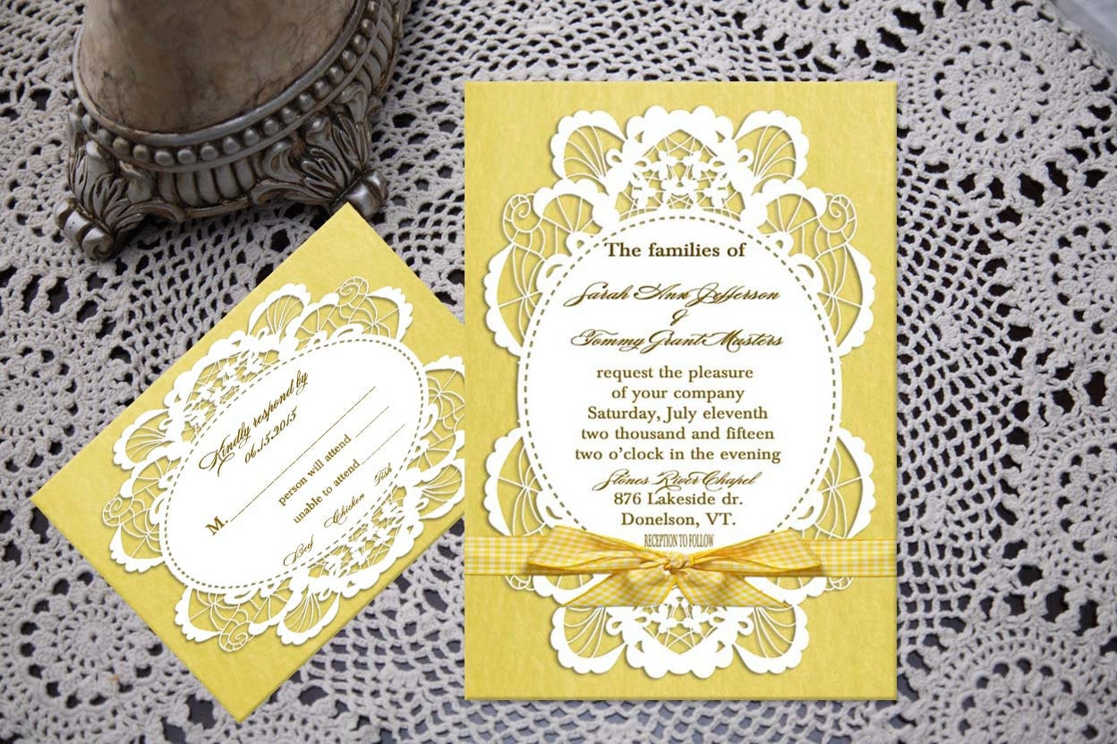 Wedding invitation, yellow invitation, lace invitation, affordable, Eco-friendly.  Listing is for sample