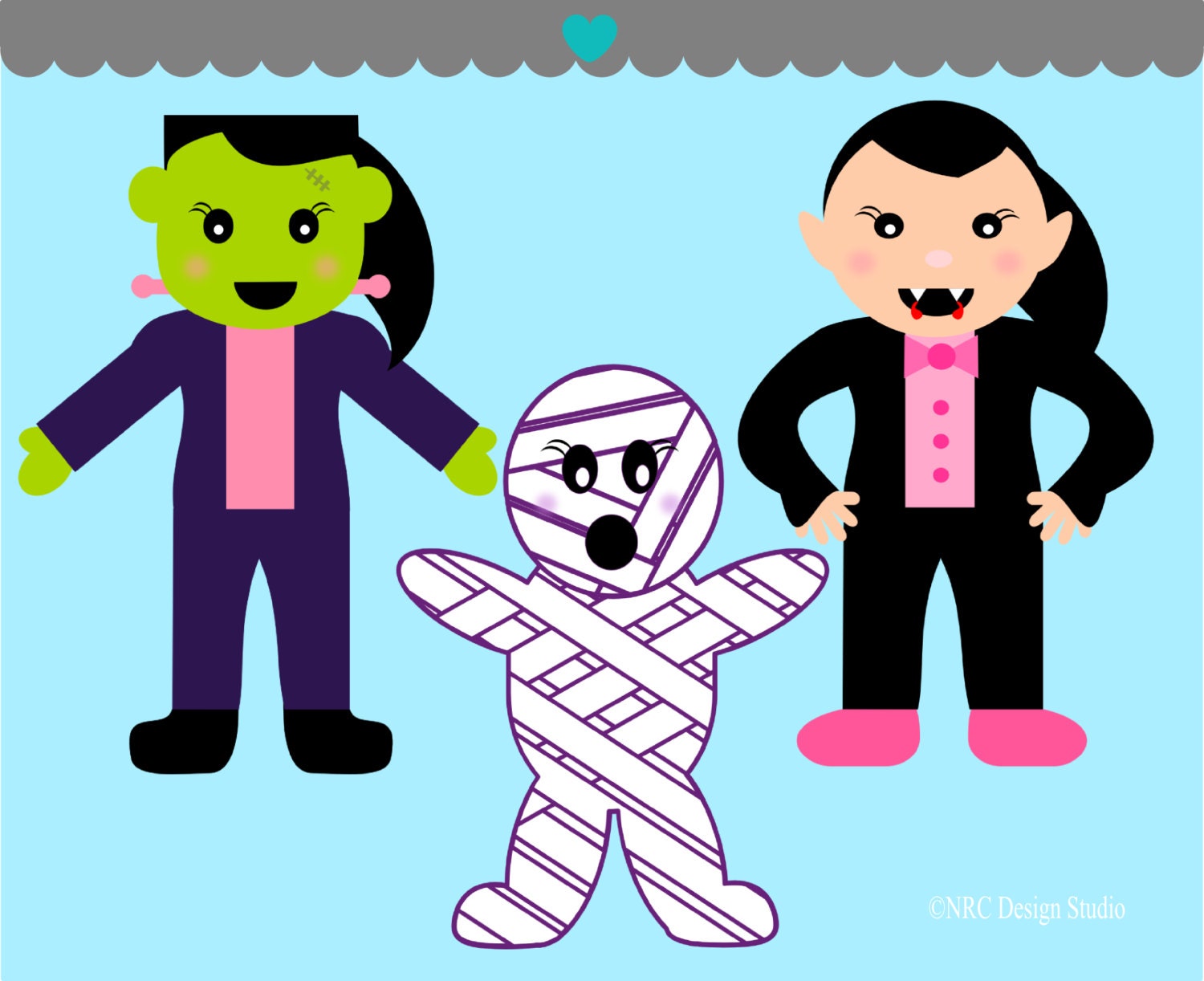 WINTER SALE - Halloween Clip Art - Halloween Monsters Girls Clip Art - Digital Halloween Monsters Clipart Il_570xn