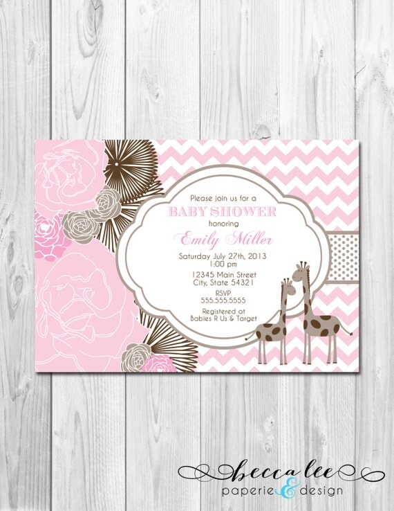 Little Giraffe Baby Shower Invitation - Brown and Pink Big Blooms and Chevron Stripes - DIY - Printable Il_570xn