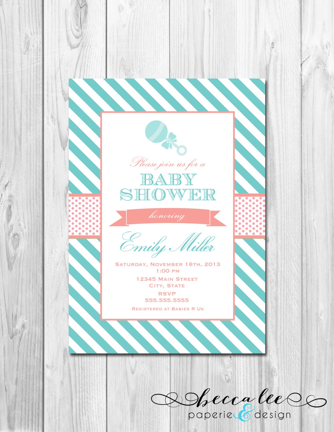Rattle Baby Shower Invitation - Coral and Turquoise Stripes - DIY - Printable Il_570xn