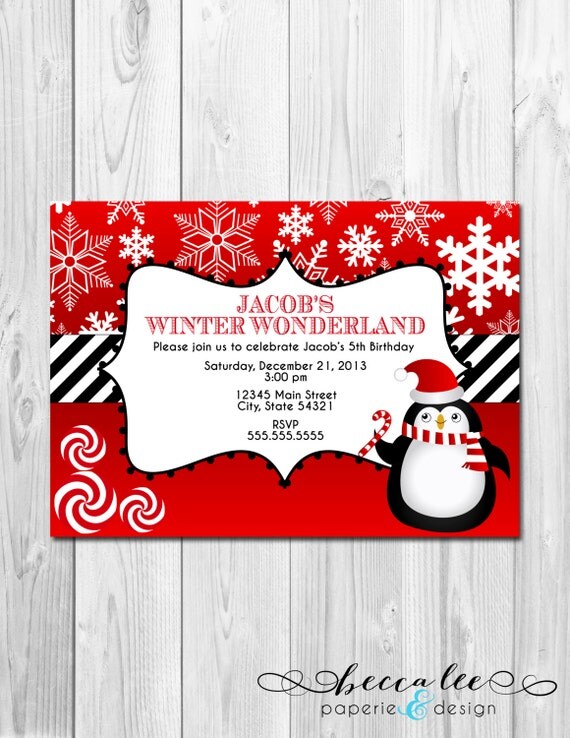 Holiday Birthday Party Invitation - Penguins & Peppermints Winter Wonderland - DIY - Printable Il_570xn