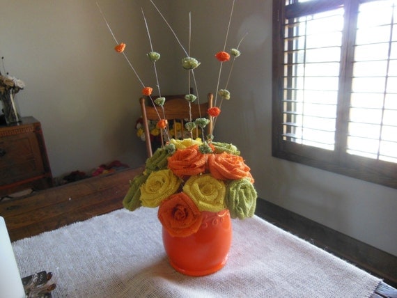 Orange, Green, Yellow burlap flower arrangement