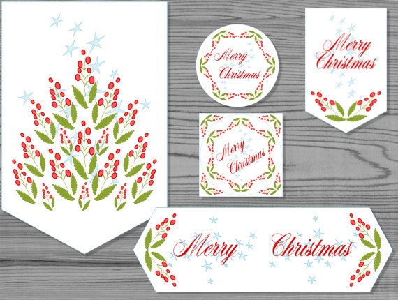 Merry Christmas printable party pack, bunting banner, party circle, squares, gift tags, long labels, instant download, ready to print PDF Il_570xn