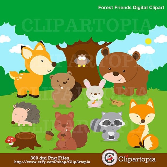 Forest Friends Animal Clip Art / Woodland Animal Clipart / Forest Animal ClipArt / Cute Animal Clipart / Owl Clipart Il_570xn