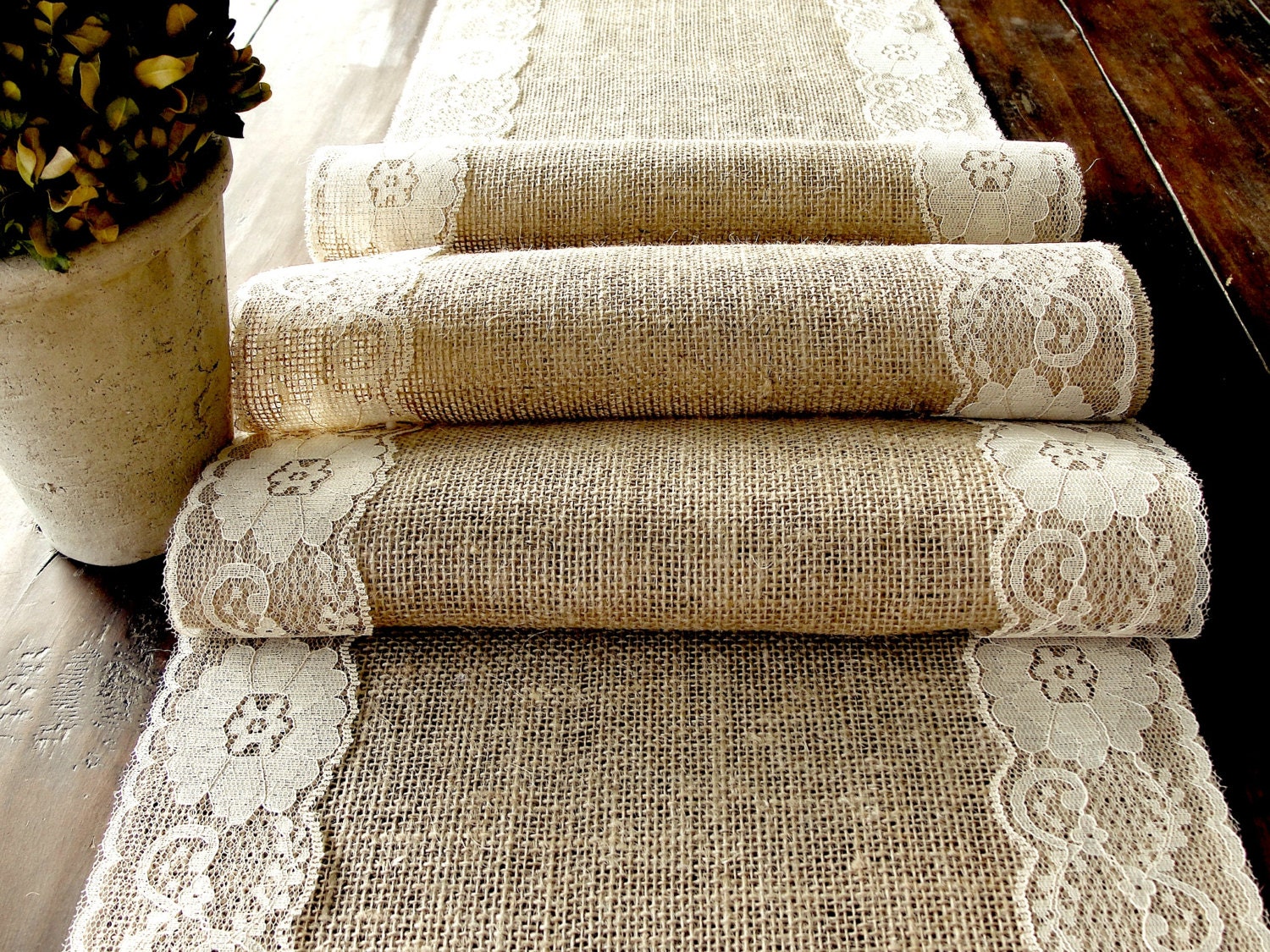Wedding table runner burlap table runner with country cream lace rustic chic , handmade in the USA - HotCocoaDesign
