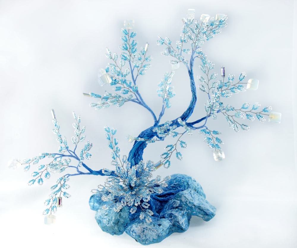 Bonsai tree,blue  beads, Japanese style, pagoda, pond, gift for girls and women - UniversesSwirls