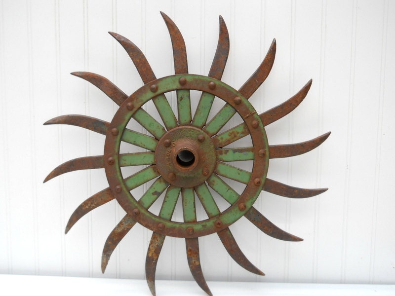 Vintage large gear sprocket farm rotary hoe wheel Industrial metal pale green rusty - TheIndustrialFarmer