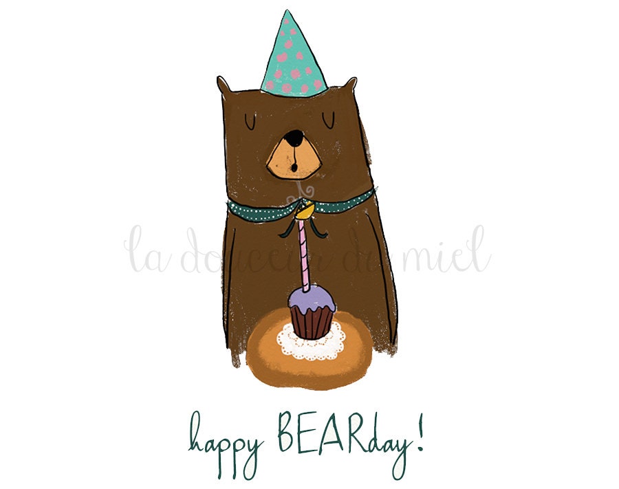 Birthday card with a bear blowing out the candles, happy birthday greetings card for kids, children illustration, birthday party - LaDouceurDuMiel