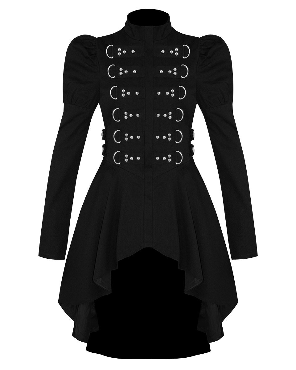 Womens Black Steampunk Gothic Cyber Military Ladies Jacket Coat - FuriousGears