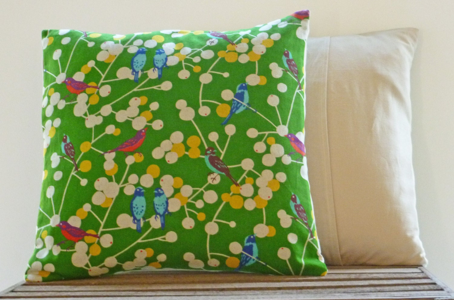 Decorative Throw Pillows Cushions Pair, Green Birds Linen Handmade in UK