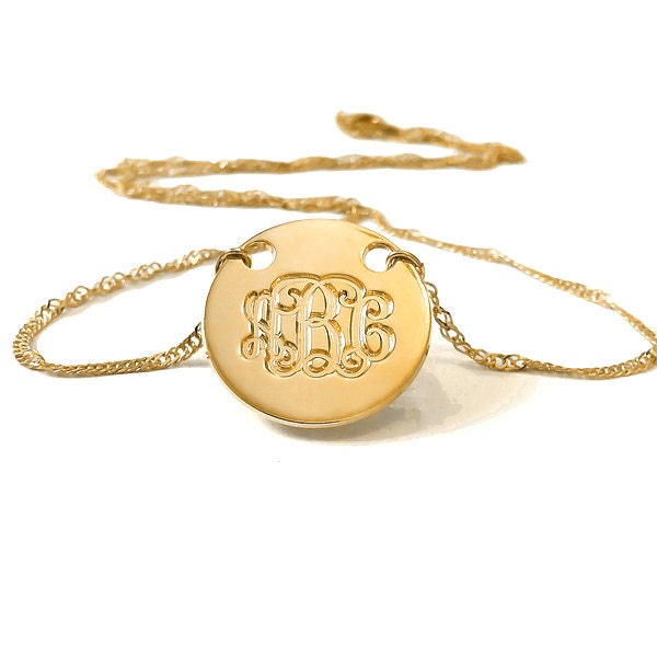 Items similar to Engraved small Gold Monogram Necklace 0.8&quot;, 18K Gold Plated Disc - Personalized ...
