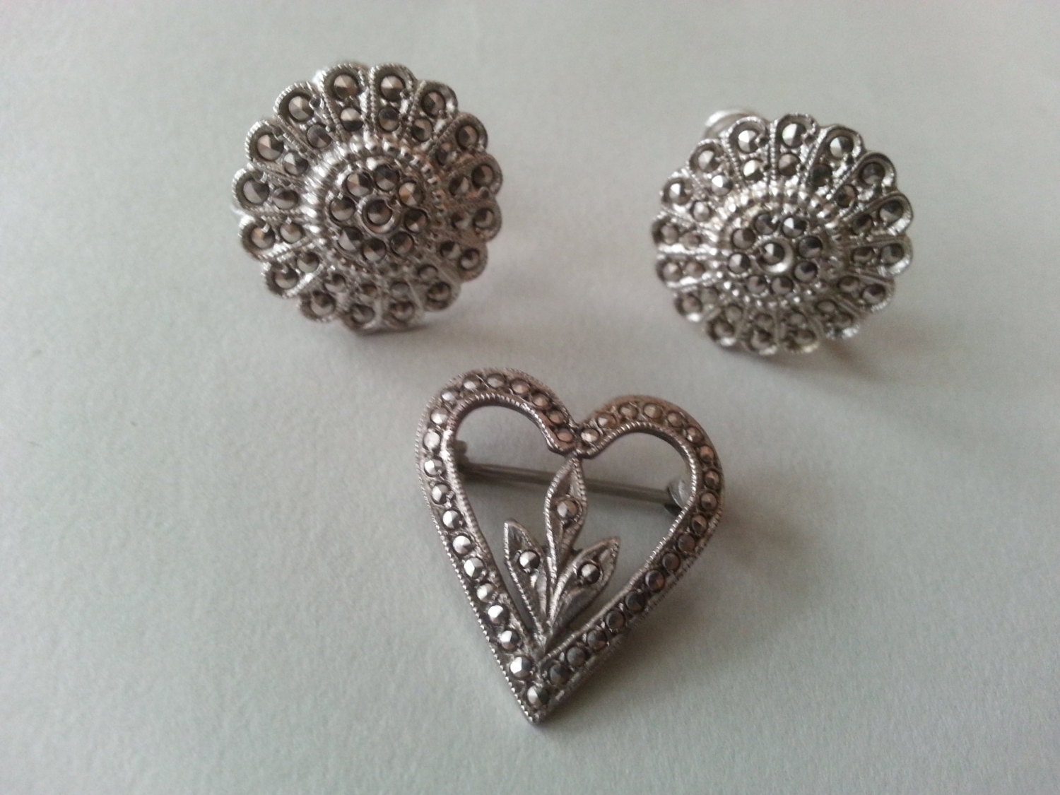 Vintage Marcasite Floral Earrings and Sterling Silver Heart Pin Screw Backs Brooch Silver Tone - CafeChaCha