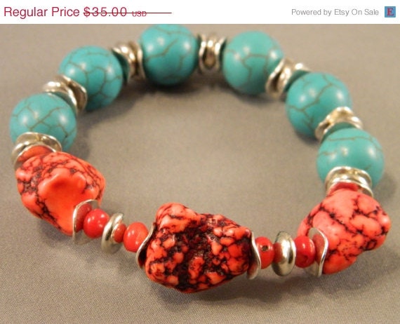 72 Hr. Sale Bracelet Blue Turquoise Howlite, Red Turquoise Nugget Howlite and Red Coral Stretchable Handcrafted Fall Autumn Colors - KimMariaDesigns